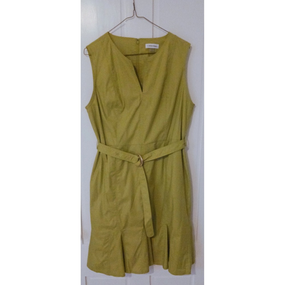 Calvin Klein Lime Green Sleeveless V-Neck Gold Belted Flared Skirt Shift Dress